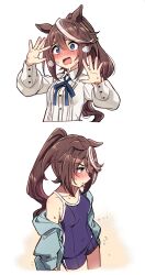 Rule 34 | 1girl, animal ears, blue eyes, blue jacket, blue one-piece swimsuit, blush, breasts, brown hair, collared shirt, competition school swimsuit, cowboy shot, dress shirt, highres, horse ears, horse girl, ido (teketeke), jacket, long hair, multicolored hair, multiple views, nervous sweating, nose blush, one-piece swimsuit, pleated shirt, ponytail, school swimsuit, shirt, simple background, small breasts, streaked hair, sweat, swimsuit, tokai teio (umamusume), tracen swimsuit, umamusume, upper body, white background, white hair, white shirt