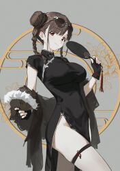 Rule 34 | 1girl, absurdres, black dress, black gloves, black nails, black shawl, blunt bangs, braid, breasts, brown hair, china dress, chinese clothes, cobwvmeti, contrapposto, cowboy shot, double bun, dress, eyelashes, eyewear on head, fanged bangs, fingerless gloves, folding fan, fur shawl, gloves, grey background, hair bun, hand fan, highres, idolmaster, idolmaster shiny colors, impossible clothes, large breasts, light smile, medium hair, pelvic curtain, red eyes, shawl, skindentation, smile, solo, sonoda chiyoko, sunglasses, thigh strap, twin braids