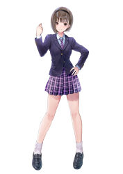 1girl absurdres asymmetrical_hair blazer blue_reflection_(series) blue_reflection_sun blue_reflection_tie blunt_bangs bob_cut brown_eyes brown_hair clenched_hand hairband hand_on_own_hip hand_up highres hoshizaki_ao jacket kishida_mel loafers looking_at_viewer necktie plaid_clothes plaid_necktie plaid_skirt pleated_skirt school_uniform shirt shoes short_hair skirt smile socks standing white_background white_shirt white_socks