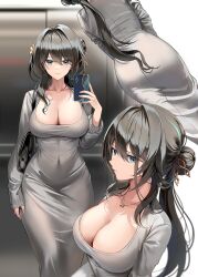 1girl aqua_eyes aqua_hair bag black_bag black_hair breasts cellphone cleavage closed_mouth covered_navel dongtan_dress from_behind hair_between_eyes highres holding holding_phone honkai:_star_rail honkai_(series) jewelry large_breasts long_hair long_sleeves looking_at_viewer meme_attire multicolored_hair multiple_views necklace phone ruan_mei_(honkai:_star_rail) shoulder_bag silence_girl smartphone smile streaked_hair