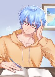 1boy absurdres blue_hair book commentary_request drawstring glasses green_eyes hand_on_own_head highres himuro_inori holding holding_pen hood hoodie looking_down male_focus mugen_no_sudadokei open_book pen picture_frame reading red-framed_eyewear signature solo studying thinking tokimeki_memorial tokimeki_memorial_girl&#039;s_side tokimeki_memorial_girl&#039;s_side_4th_heart