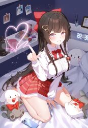Rule 34 | 1girl, absurdres, arm support, bed, bed sheet, black hair, blue eyes, blush, bottle, bow, bowtie, braid, braided sidelock, breasts, buttons, cellphone, chest harness, clock, collared shirt, cup, digital clock, drawn heart, haedungi (shirayuki hina), hair bow, hair ornament, hand up, harness, hayo (dydgk6664), heart, heart hair ornament, highres, index finger raised, indoors, lamp, large breasts, light particles, long hair, long sleeves, looking at viewer, manga (object), master ball, mug, nintendo, on bed, one-punch man, open mouth, phone, photo (object), picture frame, pillow, poke ball, poke ball (basic), pokemon, red bow, red bowtie, red skirt, saitama (one-punch man), seiza, shirayuki hina, shirt, shirt tucked in, single braid, sitting, skirt, smartphone, smile, solo, stellive, teeth, v-shaped eyebrows, very long hair, virtual youtuber, white shirt