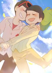 Rule 34 | 2boys, ^ ^, ahoge, alternate costume, antenna hair, baseball cap, blue sky, brothers, brown hair, brown pants, buttons, closed eyes, cloud, collared shirt, eyewear on head, feet out of frame, green hat, hanada hyou, hand grab, hand on another&#039;s shoulder, happy, hat, hat loss, leaf, leg up, light blush, light particles, long sleeves, male focus, matsuno jyushimatsu, matsuno osomatsu, multiple boys, open mouth, osomatsu-san, osomatsu (series), pants, pink shirt, pinstripe pattern, pinstripe shirt, red-framed eyewear, red tank top, shirt, short hair, siblings, sky, smile, sunglasses, tank top, wind, yellow pants, yellow shirt