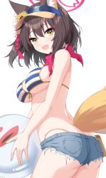 1girl absurdres animal_ears ball beachball bikini bikini_under_shorts blue_archive blush breasts brown_hair cutoffs denim denim_shorts enru eyeshadow fang fox_ears fox_tail front-tie_bikini_top front-tie_top halo highres holding holding_ball holding_beachball izuna_(blue_archive) izuna_(swimsuit)_(blue_archive) looking_at_viewer looking_to_the_side makeup medium_breasts official_alternate_costume red_eyeshadow short_shorts shorts simple_background skin_fang solo striped_bikini striped_clothes swimsuit tail underboob visor_cap white_background