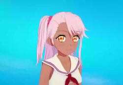 1girl 3d animated ass blue_bra blue_thong bra breasts brown_eyes chloe_von_einzbern command_spell crop_top dark-skinned_female dark_skin extreme_crop_top fate/kaleid_liner_prisma_illya fate_(series) female_focus flat_ass flat_chest koikatsu_(medium) loli looking_at_viewer microskirt navel pink_hair ponytail revealing_clothes side_ponytail skirt small_breasts socks solo string_bra suspender_skirt suspenders thong underwear video walking white_socks