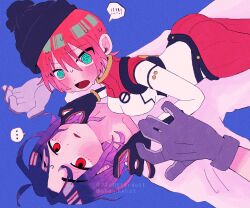 ! !! ... 1boy 1girl @_@ absurdres amate_yuzuriha aqua_eyes artist_name beanie black_hat blue_background blue_hair blush bodysuit breasts colored_inner_hair commentary_request girl_on_top gloves gundam gundam_gquuuuuux hat highres looking_at_viewer lying lying_on_person mecha_pilot_suit multicolored_bodysuit multicolored_hair normal_suit_(gundam) on_back on_person open_mouth pjallstardust purple_hair red_eyes red_hair science_fiction shirt short_hair shuji_ito simple_background speech_bubble spoken_ellipsis spoken_exclamation_mark sweatdrop twitter_username two-tone_hair watermark white_shirt