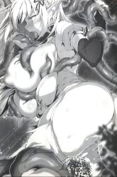 Rule 34 | ass, blush, braid, breasts, breasts out, clothes pull, crown braid, cum, cum in pussy, dress pull, elf, forest, garter straps, greyscale, hair ornament, holding tentacle, large areolae, large breasts, long hair, lowres, monochrome, nature, ninoko, pointy ears, puffy nipples, suspended congress, sylpha (ninoko), tentacle sex, tentacles, thighhighs, tongue, tongue out, vaginal