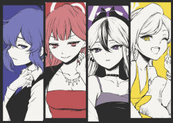 4girls aru_(blue_archive) aru_(dress)_(blue_archive) blue_archive breasts dress expressionless flat_chest halo haruhito_(divineshalt) haruka_(blue_archive) haruka_(suit)_(blue_archive) highres horns jewelry kayoko_(blue_archive) kayoko_(dress)_(blue_archive) long_hair looking_at_viewer multiple_girls multiple_monochrome mutsuki_(blue_archive) mutsuki_(dress)_(blue_archive) necklace one_eye_closed small_breasts smile upper_body vest