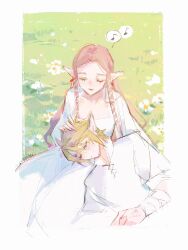 1boy 1girl blonde_hair blush border brown_hair closed_eyes couple dress earrings flower grass hair_between_eyes hair_ribbon hand_in_another&#039;s_hair hetero highres instrument jewelry lap_pillow light_smile link long_dress long_hair long_sleeves manodemarina musical_note nintendo outdoors parted_bangs pointy_ears princess_zelda ribbon shirt short_hair sidelocks spoken_musical_note the_legend_of_zelda the_legend_of_zelda:_twilight_princess white_border white_dress white_flower white_ribbon white_shirt