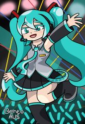 absurdres arm_up armpits ass boots collared_shirt detached_sleeves glowstick hair_tie hatsune_miku headphones highres necktie non-web_source penlight_(glowstick) shirt skirt smile spotlight stadium standing standing_on_one_leg thick_eyebrows thigh_boots thighs twintails vocaloid