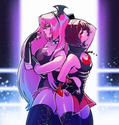 Rule 34 | 2girls, arm up, bare shoulders, black gloves, black hairband, black leotard, black lips, black nails, blue eyes, bracelet, breasts, broken, broken chain, brown hair, chain, cleavage, clothing cutout, collar, commentary, commission, cross-laced clothes, cross-laced legwear, demon tail, eerieelixir, elbow gloves, english commentary, eyeshadow, facial mark, fake tail, fake wings, fingerless gloves, gloves, hair ornament, hairband, half-closed eyes, head wings, highres, jewelry, large breasts, leotard, light particles, long hair, makeup, megurine luka, meiko (vocaloid), multiple girls, open mouth, pink hair, popped collar, red eyeshadow, ring no seraph (vocaloid), short hair, smile, spiked collar, spikes, spotlight, strapless, strapless leotard, tail, thighhighs, vocaloid, wings, wrestling outfit