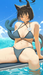 1girl absurdres animal_ears bikini black_bikini black_eyes black_hair black_tail blue_archive blue_bikini blue_halo blue_tail breasts cat_ears cat_girl cat_tail closed_mouth commentary_request criss-cross_straps gradient_tail halo highres kikyou_(blue_archive) kikyou_(swimsuit)_(blue_archive) large_breasts layered_bikini mm_(mhm2592) multiple_tails ocean official_alternate_costume one_eye_closed short_hair sitting solo swimsuit tail thighs two_tails water wet