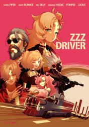 3boys 3girls android baby_driver billy_kid black_choker blonde_hair burnice_white chanjaguru choker english_text grey_beard gun hair_ribbon holding holding_gun holding_weapon lucius_(zenless_zone_zero) mature_male motor_vehicle movie_poster multiple_boys multiple_girls nicole_demara one_eye_closed pink_hair piper_wheel pompey_(zenless_zone_zero) poster_parody red_shirt ribbon shirt smile sunglasses truck twintails weapon white_hair zenless_zone_zero