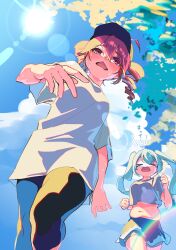 Rule 34 | &gt; &lt;, 2girls, ahoge, aqua hair, baseball cap, breasts, cloud, cloudy sky, commentary, crop top, crop top overhang, crying, drill hair, exercising, hair between eyes, hat, hatsune miku, highres, hohihohihohinda, kasane teto, long hair, medium breasts, multiple girls, navel, open mouth, outdoors, plump, red eyes, red hair, running, shirt, short sleeves, sky, stomach, streaming tears, sun, sweat, tears, twin drills, twintails, utau, vocaloid, white shirt