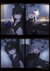 2girls absurdres airbag animal_ears arknights black_hair blue_gloves brown_eyes closed_eyes fingerless_gloves food gloves grey_hair hair_ornament hairclip highres lappland_(arknights) lappland_the_decadenza_(arknights) long_hair mebe_(teadia_violet) mouth_hold multiple_girls open_mouth revision seatbelt texas_(arknights) texas_the_omertosa_(arknights) wolf_ears wolf_girl