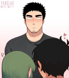 1boy 2girls absurdres black_eyes black_hair blush ear_blush facial_hair green_hair heart highres igarashi_futaba kurobe_natsumi medium_hair messy_hair multiple_girls muscular muscular_male panqlao senpai_ga_uzai_kouhai_no_hanashi shirt short_hair surprised takeda_harumi yuri