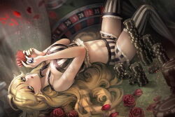 1girl bare_shoulders breasts card character_request cleavage commentary_request copyright_request dartboard flower green_eyes hair_between_eyes large_breasts long_hair looking_at_viewer non-web_source open_mouth red_flower red_rose rose solo thighhighs