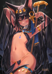 1girl ancient_egyptian ancient_egyptian_clothes animal_ears ankh anubis_(mythology) arm_behind_head armlet armpits arms_up bikini black_bikini black_hair blush breasts dark-skinned_female dark_skin egyptian_mythology expressionless groin hair_flowing_over hair_lift hair_ornament hand_in_own_hair highres jackal_ears jackal_girl jackal_tail jewelry komiya_nigi long_hair micro_bikini navel original small_breasts solo staff swimsuit tail tail_ornament thigh_strap thighs very_long_hair yellow_eyes