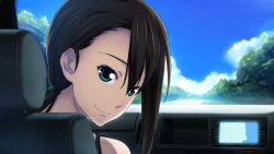 1girl aqua_eyes bare_shoulders black_dress blue_sky brown_hair car_interior car_seat dress fukuda_tomonori game_cg gps green_eyes hair_between_eyes hair_tie highres island long_hair looking_at_viewer looking_back non-web_source official_art outdoors robotics;notes sitting sky smile solo sundress tennouji_nae tennouji_nae_(robotics;notes) tree twintails