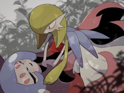 a-nya artist_name black_sclera blush bob_cut colored_sclera colored_skin dress foliage gardevoir gen_3_pokemon gen_8_pokemon green_hair hair_over_one_eye hatterene multicolored_hair multicolored_skin nintendo on_person open_mouth pink_eyes pokemon pokemon_(creature) prehensile_hair smile sweatdrop two-tone_skin white_dress white_skin