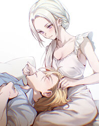 1boy 1girl armpits bare_arms bare_shoulders blonde_hair blue_shirt breasts cleavage closed_eyes closed_mouth collarbone collared_shirt couple dated_commentary dimitri_alexandre_blaiddyd dress edelgard_von_hresvelg fire_emblem fire_emblem:_three_houses fire_emblem_warriors:_three_hopes frilled_sleeves frills from_side hair_between_eyes hair_over_shoulder hand_on_another&#039;s_head hand_on_own_chest hands_up hetero highres indoors light_blush light_smile long_hair looking_down low_ponytail lying lying_on_person medium_breasts nightgown nintendo official_alternate_hairstyle on_back on_bed parted_bangs parted_lips pillow ponytail purple_eyes shirt short_hair short_sleeves sitting soma_otakuu white_background white_dress white_hair