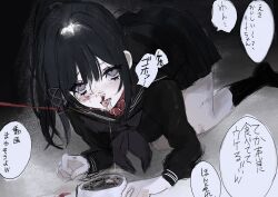 1girl akai_ringo_(eveyuno) animal_collar black_hair blood blood_on_face collar hair_ribbon high_ponytail highres kneeling looking_up original pet_play ponytail ribbon tongue tongue_out
