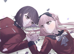 blush bow brother_and_sister cherry_blossoms closed_mouth hairband holding_hands long_hair long_sleeves looking_at_another lying on_back pink_eyes pink_hair purple_hair siblings simple_background smile the_hundred_line the_hundred_line_-last_defense_academy- tsukumo_ima tsukumo_kako twins white_background white_bow