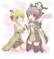 1boy 1girl acolyte_(ragnarok_online) ajie_(sura-kun) black_gloves black_shorts black_thighhighs blonde_hair blue_eyes blush bow brown_cape brown_dress cape cassock commentary_request dress entweihen_crothen flat_chest flower full_body fur-trimmed_cape fur-trimmed_gloves fur_trim gloves hair_bow hair_ornament high_wizard_(ragnarok_online) highres kneeling long_sleeves looking_at_viewer no_shoes open_mouth pink_bow plant purple_eyes purple_hair ragnarok_online red_flower red_rose rose short_dress short_hair shorts skull_hair_ornament thank_you thighhighs thorns two-tone_dress vines white_dress