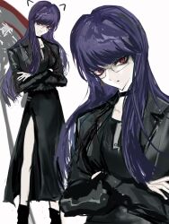 1girl black_dress black_jacket closed_mouth crossed_arms dress glasses jacket leather leather_jacket long_hair looking_at_viewer multiple_views purple_hair red_eyes shizuhara_hiruko simple_background solo standing the_hundred_line_-last_defense_academy- white_background