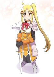 Rule 34 | 1girl, absurdres, ahoge, alternate costume, armor, blonde hair, bocchi the rock!, bow, bowtie, color connection, commentary, cosplay, darkness (konosuba), darkness (konosuba) (cosplay), english commentary, full body, gloves, hair between eyes, hair color connection, hair ornament, highres, hinghoi, ijichi nijika, kono subarashii sekai ni shukufuku wo!, long hair, long sleeves, looking at viewer, planted, planted sword, planted weapon, red bow, shoulder armor, side ponytail, sidelocks, simple background, solo, standing, sword, weapon, white background, x hair ornament