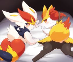 2girls :&lt; animal_ear_fluff animal_ears animal_feet animal_hands animal_nose ass bed_sheet black_fur blue_fur blush body_fur braixen bright_pupils cinderace closed_mouth female_focus fox_ears fox_girl fox_tail from_behind furry furry_female gen_6_pokemon gen_8_pokemon highres looking_at_viewer looking_back lying multiple_girls neck_fur nervous nintendo no_pussy on_stomach open_mouth pokemon pokemon_(creature) rabbit_ears rabbit_girl rabbit_tail red_eyes red_fur red_hair short_hair snout spread_legs subaru331 sweat tail white_fur white_pupils wide-eyed yellow_fur