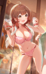 2girls absurdres ahoge blush bottle bra breasts brown_eyes brown_hair cleavage collarbone fujinomiya_rio gakuen_idolmaster gradient_hair green_panties hair_bun hanami_ume highres holding idolmaster indoors kuramoto_china lace_trim large_breasts milk milk_bottle multicolored_hair multiple_girls navel onsen open_mouth panties pink_bra pink_panties smile solo_focus stomach towel towel_around_neck underwear