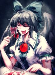 1girl absurdres black_hair black_sheep_(artist) blood bow breasts cannibalism chinese_commentary closed_eyes collared_shirt commentary_request fork frilled_shirt_collar frills green_bow hair_bow hakurei_reimu highres large_breasts long_hair open_mouth puffy_short_sleeves puffy_sleeves reiuji_utsuho shirt short_sleeves smile solo third_eye touhou upper_body white_shirt