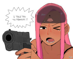 1girl black_camisole blood blush brain brown_eyes bullet bullet_hole camisole collarbone dark-skinned_female dark_skin english_text fang gun gunshot_wound hair_behind_ear holding holding_gun holding_weapon looking_ahead ohasi one_eye_closed open_mouth original pink_(ohasi) portrait skin_fang solo speech_bubble weapon