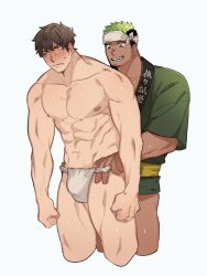 2boys abs averting_eyes bara bare_legs black_hair blush brown_hair clenched_hands couple cropped_legs dark-skinned_male dark_skin embarrassed facial_hair fundoshi goatee_stubble green_eyes green_hair green_happi hand_in_underwear headband highres ikusaba_daisuke japanese_clothes looking_at_another male_focus multiple_boys muscular muscular_male navel nipples pectorals protagonist_4_(housamo) short_hair simple_background stubble sweat tokyo_houkago_summoners topless_male undercut veins veiny_arms veiny_crotch wanijima white_background white_headband yaoi