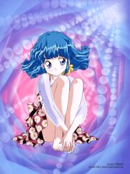 1990s_(style) 1girl aqua_hair barefoot blue_eyes blush company_name dress floral_print full_body highres hugging_own_legs knees_up long_sleeves medium_hair non-web_source official_art retro_artstyle rolfee see-through_clothes short_dress sitting smile solo tadano_kazuko tonari_no_princess_rolfee