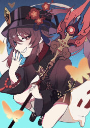 Rule 34 | 1girl, black nails, black shorts, boo tao (genshin impact), brown hair, chinese clothes, film grain, flower, flower-shaped pupils, genshin impact, ghost, grin, hat, hat ornament, highres, homake, hu tao (genshin impact), jewelry, long hair, long sleeves, looking at viewer, meme, plum blossoms, porkpie hat, red eyes, red shirt, ring, shirt, shorts, smile, staff of homa (genshin impact), symbol-shaped pupils, thighs, twintails