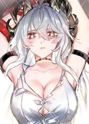 Rule 34 | 1girl, arm strap, arms up, black choker, black horns, breasts, bright pupils, button gap, choker, cleavage, closed mouth, collarbone, commentary, curled horns, earrings, grey hair, hair between eyes, horns, jewelry, key earrings, large breasts, long hair, looking at viewer, necktie, necktie around wrists, qiseki, red eyes, red necktie, shirt, solo, torn clothes, torn shirt, upper body, white pupils, wuthering waves, zani (wuthering waves)
