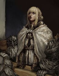 Rule 34 | 1girl, 3boys, absurdres, armor, armor under clothes, asianfissureman, blonde hair, blunt bangs, braid, cloak, commentary, crown braid, elden ring, elden ring: shadow of the erdtree, facial hair, fine art parody, freedom of speech, full armor, grey facial hair, hair bun, helm, helmet, highres, hornsent (elden ring), knight, multiple boys, needle knight leda, obscured eyes, ornate, ornate armor, parody, parted lips, sidelocks, sir ansbach, standing, thiollier (elden ring), white cloak, yellow eyes