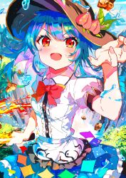 1girl absurdres blue_hair blue_skirt bow bowtie brown_hat buttons center_frills collared_shirt commentary_request frilled_skirt frills hat hat_ornament highres hinanawi_tenshi holding holding_sword holding_weapon ibushi_roun leaf_hat_ornament long_hair looking_at_viewer open_mouth peach_hat_ornament puffy_short_sleeves puffy_sleeves red_bow red_bowtie red_eyes shirt short_sleeves skirt solo sword sword_of_hisou touhou water water_drop weapon white_shirt
