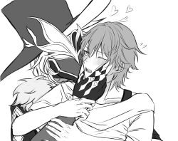 2boys akiraluce_hsr aventurine_(boss)_(honkai:_star_rail) aventurine_(honkai:_star_rail) blush caelus_(honkai:_star_rail) collarbone commentary_request covered_face fingernails flying_sweatdrops fur-trimmed_jacket fur_trim gloves grabbing_another&#039;s_arm grey_hair greyscale hair_between_eyes hand_on_another&#039;s_face hat heart highres holding_another&#039;s_wrist honkai:_star_rail honkai_(series) jacket long_sleeves looking_at_another male_focus mask monochrome multiple_boys official_alternate_costume one_eye_closed open_mouth shirt short_hair short_sleeves simple_background t-shirt teeth top_hat trailblazer_(honkai:_star_rail) upper_body yaoi