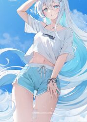 1girl blue_eyes blue_hair blue_shorts blue_sky character_request collarbone colored_inner_hair commentary_request commission copyright_request cowboy_shot dolphin_shorts hair_between_eyes highres jewelry korean_commentary long_hair looking_at_viewer midriff_peek multicolored_hair navel necklace parted_lips shirt shorts sky solo very_long_hair white_hair white_shirt yw_marron
