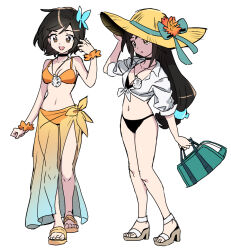 1girl bag bikini black_bikini black_hair breasts brown_eyes choker dede_(qwea_00000) final_fantasy final_fantasy_ix garnet_til_alexandros_xvii gloves handbag hat jewelry long_hair low-tied_long_hair multiple_views navel orange_bikini pendant sandals sarong shirt short_hair smile sun_hat swimsuit tied_shirt white_shirt