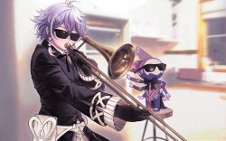 Rule 34 | 1boy, black gloves, black jacket, black ribbon, braid, gloves, hair ornament, hairclip, highres, holostars, holostars english, instrument, jacket, male focus, meme, music, neck ribbon, octavio, playing instrument, poppet (octavio), purple hair, ribbon, short hair, sunglasses, t0mir4, trombone, twin braids, when mama isn&#039;t home (meme)