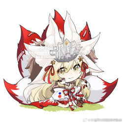 1girl animal animal_ear_fluff animal_ears animal_on_shoulder artist_request between_legs bird bird_on_hand bird_on_shoulder blonde_hair chibi chibi_only chinese_commentary closed_mouth colored_extremities commentary_request commission commissioner_name double-parted_bangs fate/grand_order fate_(series) fox_ears fox_girl fox_tail full_body fur-trimmed_kimono fur_trim hair_ornament hair_ribbon hand_between_legs headpiece japanese_clothes kimono kitsune koyanskaya_(fate) koyanskaya_(lostbelt_beast:iv)_(fate) looking_at_viewer multiple_animal_ears multiple_tails nontraditional_miko ofuda on_grass red_hands red_ribbon red_rope ribbon rope sample_watermark second-party_source short_hair simple_background sitting smile solo star_(symbol) star_hair_ornament tail tamamo_(fate) tassel two-tone_tail very_short_hair watermark weibo_watermark white_background white_kimono white_tail yellow_eyes