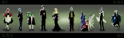 Rule 34 | 2boys, 6+girls, absurdres, asymmetrical wings, bare shoulders, beret, blonde hair, blue eyes, blue hair, blue legwear, cane, cape, cross, cyborg, dilaih, dress, drill hair, erich (seihou), eyepatch, facial hair, gates (seihou), glasses, gloves, gradient background, green hair, grey hair, hair ribbon, hand fan, hand on own chest, hand on own hip, hat, high heels, highres, holding hands, lab coat, mai (seihou), maid, maid headdress, marie (seihou), mei (seihou), milia (seihou), military, military uniform, morgan (seihou), multiple boys, multiple girls, muse (seihou), mustache, pantyhose, red eyes, red hair, ribbon, seihou, siblings, sisters, smile, striped background, twins, vivit, vivit (erich&#039;s daughter), white legwear, wings
