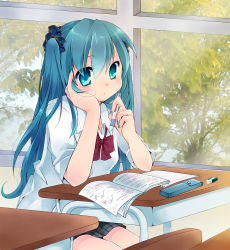 Rule 34 | 1girl, aqua eyes, aqua hair, bad id, bad pixiv id, book, bow, bowtie, classroom, desk, eraser, female focus, hatsune miku, head rest, indoors, long hair, pencil, ryuuga sazanami, school, school desk, scrunchie, sitting, solo, tree, vocaloid, window