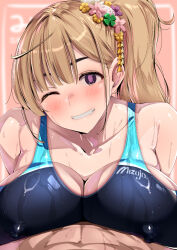 Rule 34 | 1girl, andou you, black one-piece swimsuit, blonde hair, blush, breast press, breasts, cleavage, collarbone, competition swimsuit, covered erect nipples, ear blush, flower, hair flower, hair ornament, kanzashi, large breasts, long hair, one-piece swimsuit, one eye closed, original, pink flower, purple eyes, purple flower, smile, sweat, swimsuit, wet, wet clothes, wet swimsuit, white flower, yellow flower