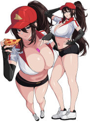 1girl arm_up baseball_cap belt black_choker black_eyes black_gloves black_shorts breasts brown_hair choker cleavage collarbone commentary_request condom condom_wrapper crop_top cropped_shirt elbow_gloves female_focus fingerless_gloves food from_above from_side full_body gloves hair_between_eyes hand_on_own_hip hands_up hat hella_p high_ponytail highres holding holding_food large_breasts league_of_legends long_hair looking_at_viewer midriff multiple_views navel pizza pizza_delivery_sivir pizza_slice pointing pointing_at_self ponytail popped_collar red_headwear shiny_skin shoes short_shorts shorts simple_background sivir skindentation smile sneakers very_long_hair white_background