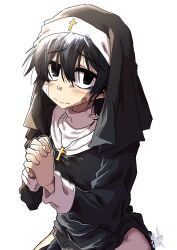 1boy absurdres bags_under_eyes bandaid bandaid_on_cheek bandaid_on_face black_eyes black_hair closed_mouth cross cross_necklace edkuroki gauze gauze_on_cheek habit highres jewelry lee_hoon looking_at_viewer male_focus necklace nun own_hands_together praying short_hair signature simple_background solo suicide_boy thighs wavy_mouth white_background
